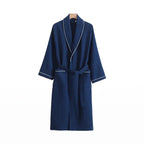 Heringsdorf cotton waffle robe in Navy with white piping on a white background