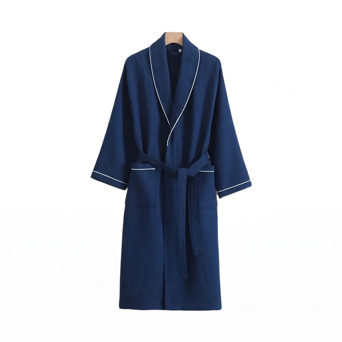 Heringsdorf cotton waffle robe in Navy with white piping on a white background