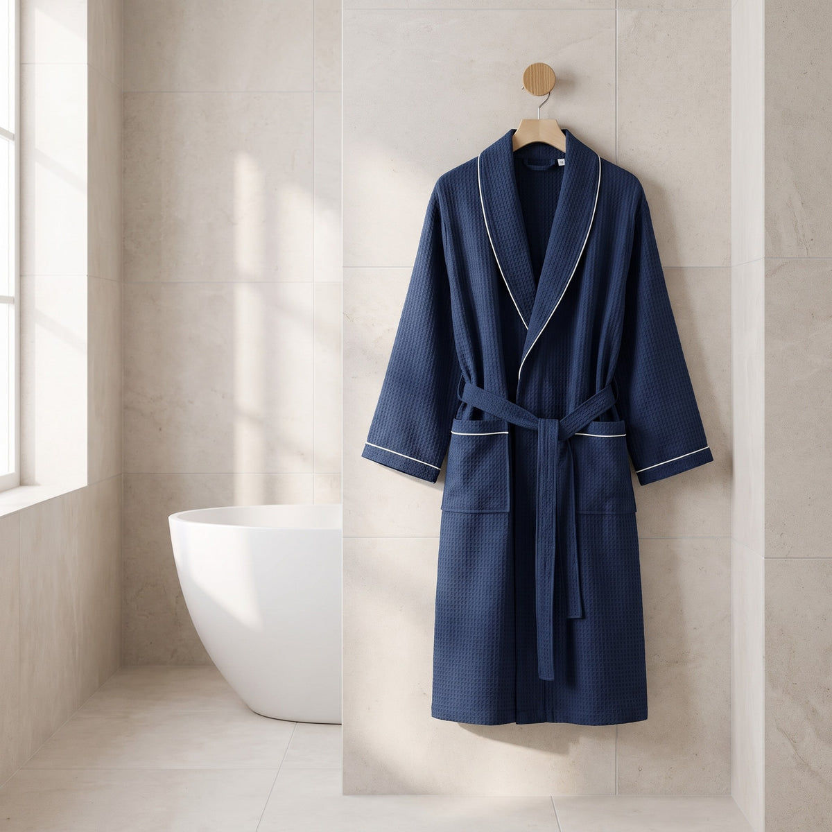 Heringsdorf Navy waffle robe hanging on an oak peg in a light bathroom