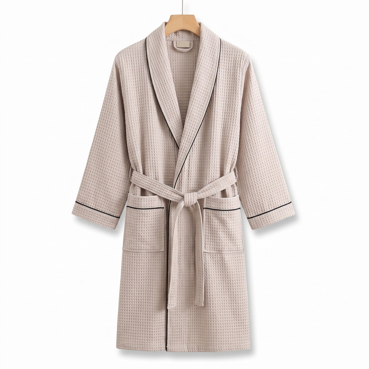 Heringsdorf cotton waffle robe in Beige with black piping on a white background
