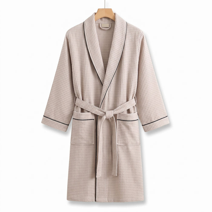 Heringsdorf cotton waffle robe in Beige with black piping on a white background