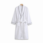 Heringsdorf cotton waffle robe in White with black piping on a white background