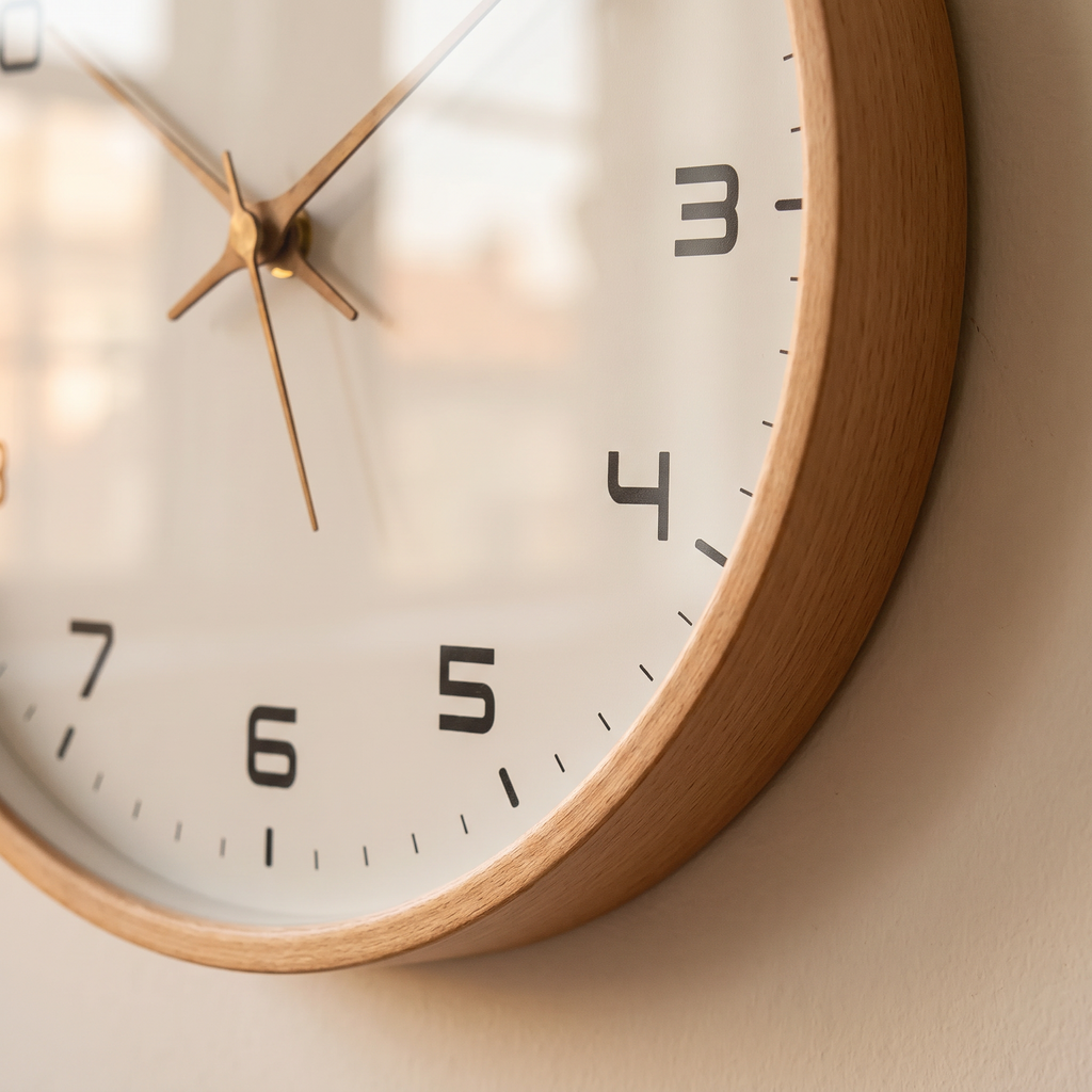 Close detail of wooden clock body and glass face