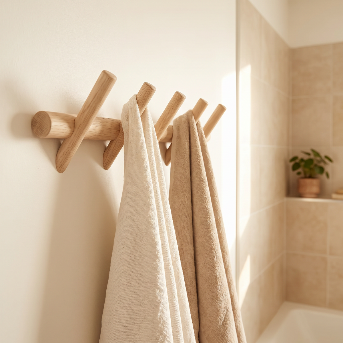 Oak wall rack holding towels in a bathroom