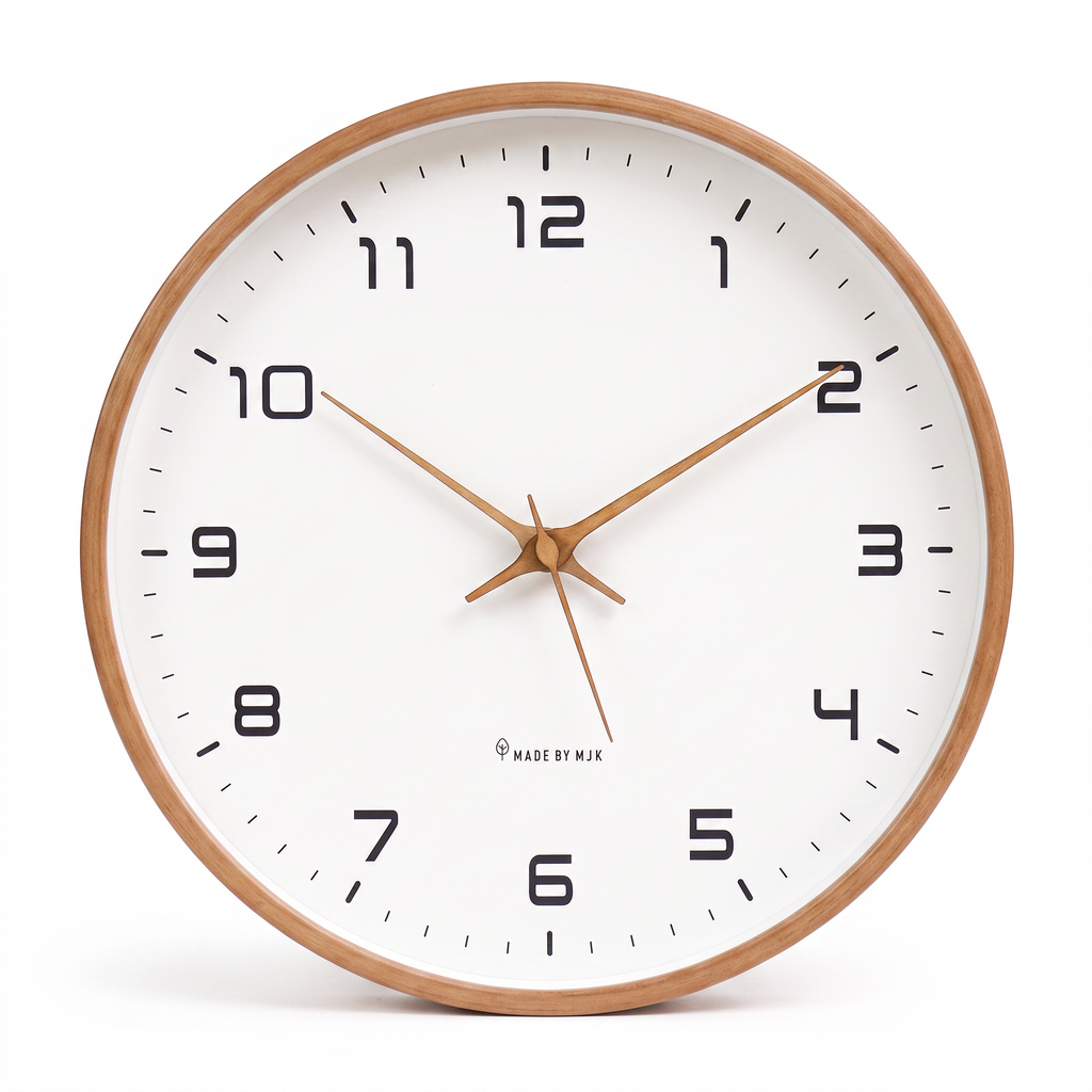 Wooden wall clock with white face on a white background