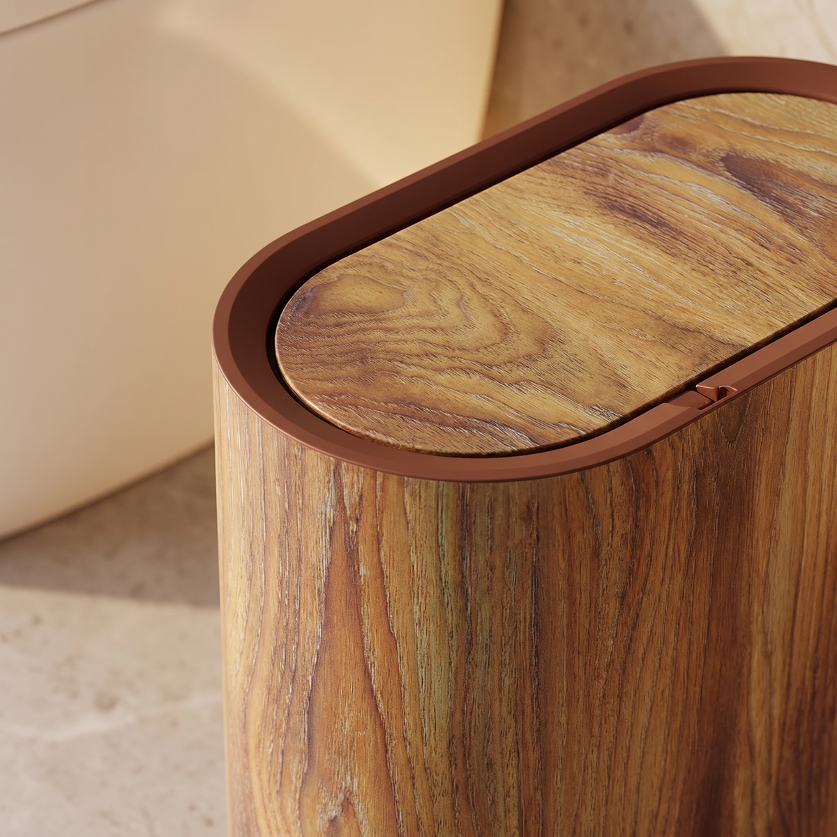 Close detail of wood-effect finish and fitted lid