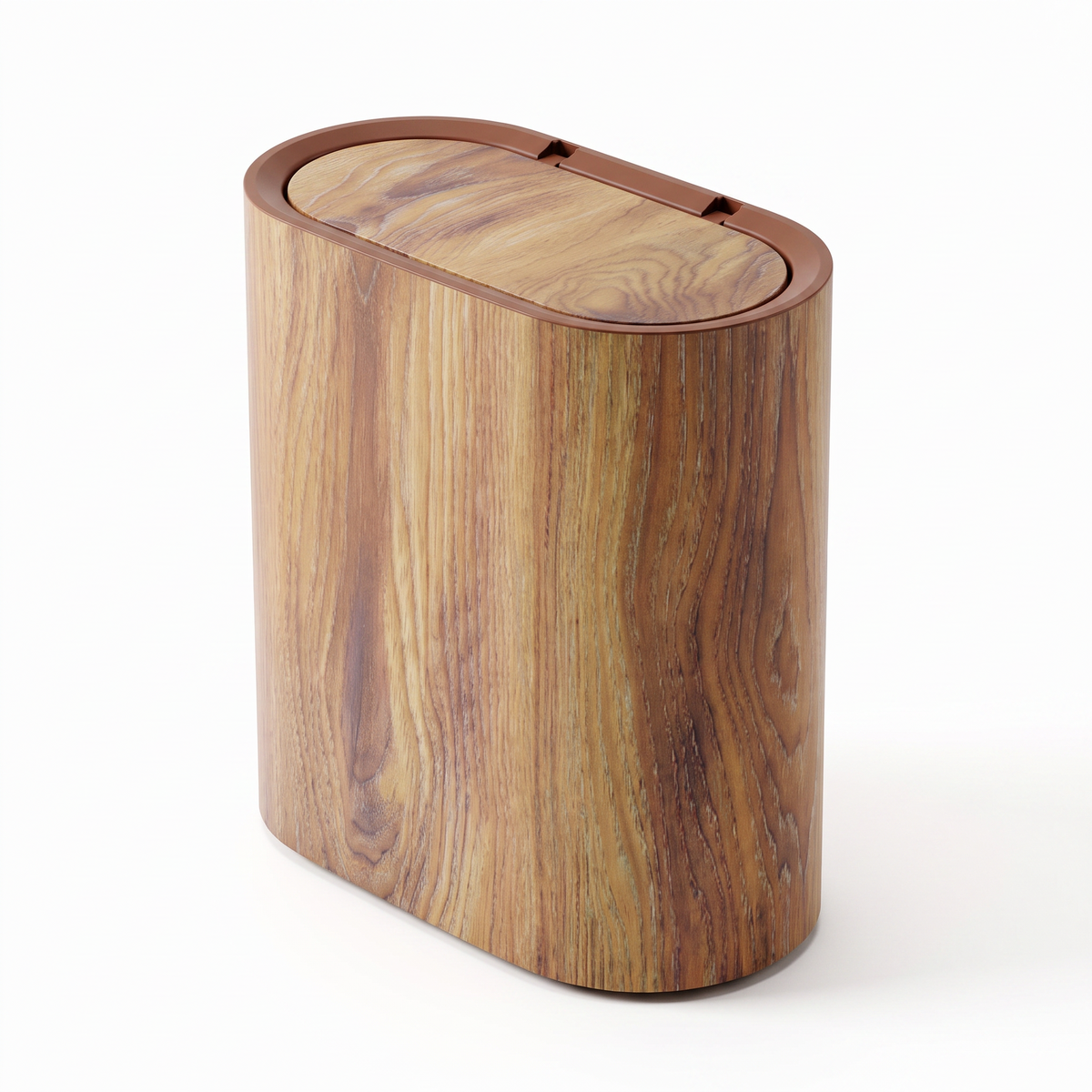 Wood-effect slim bin with lid on a white background