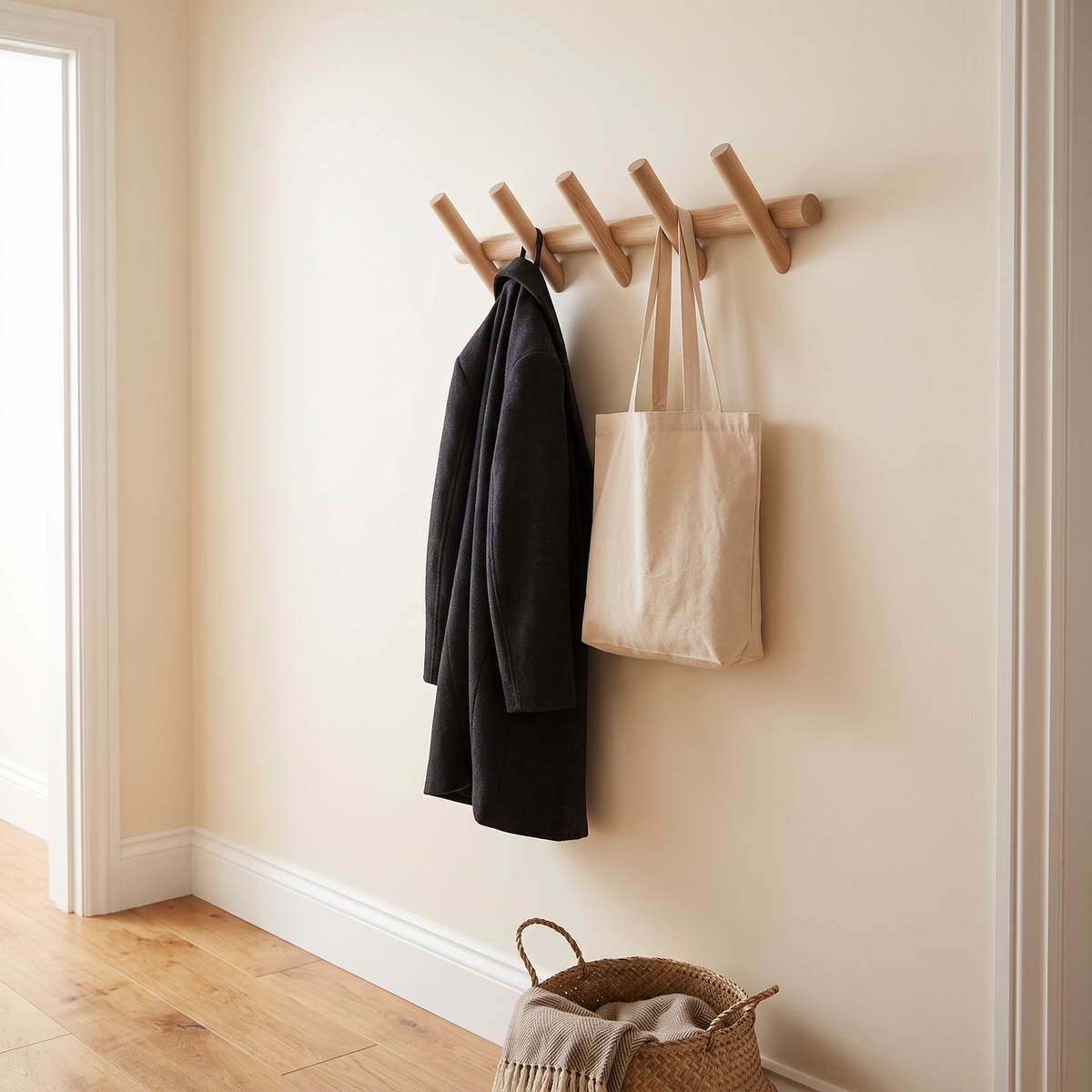Solid oak wall rack with coats hanging in a hallway