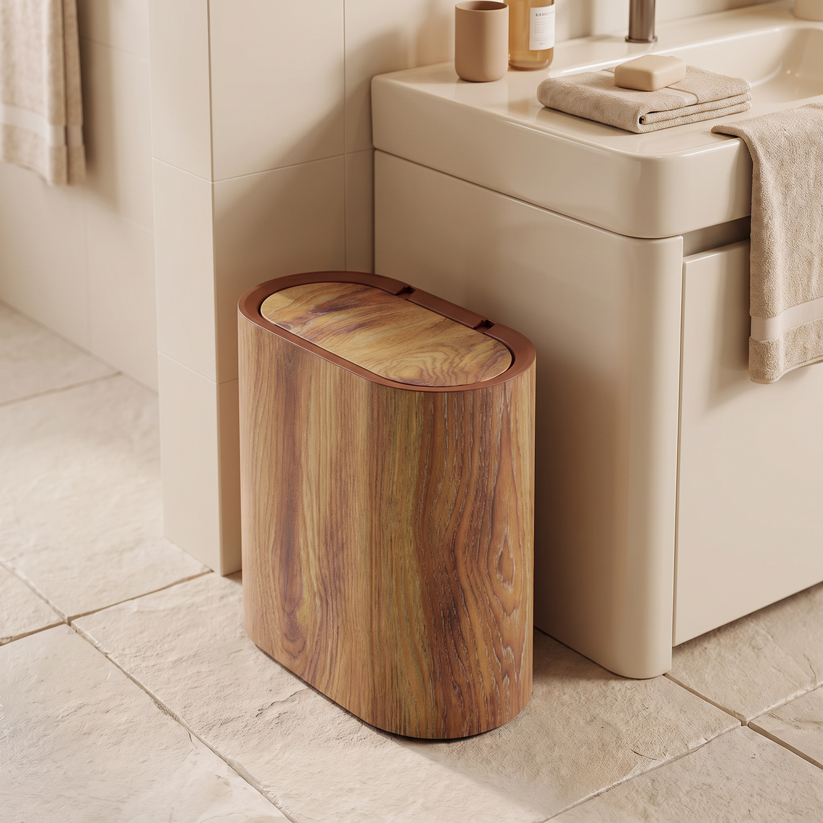 Wood-effect bin with lid beside a bathroom basin