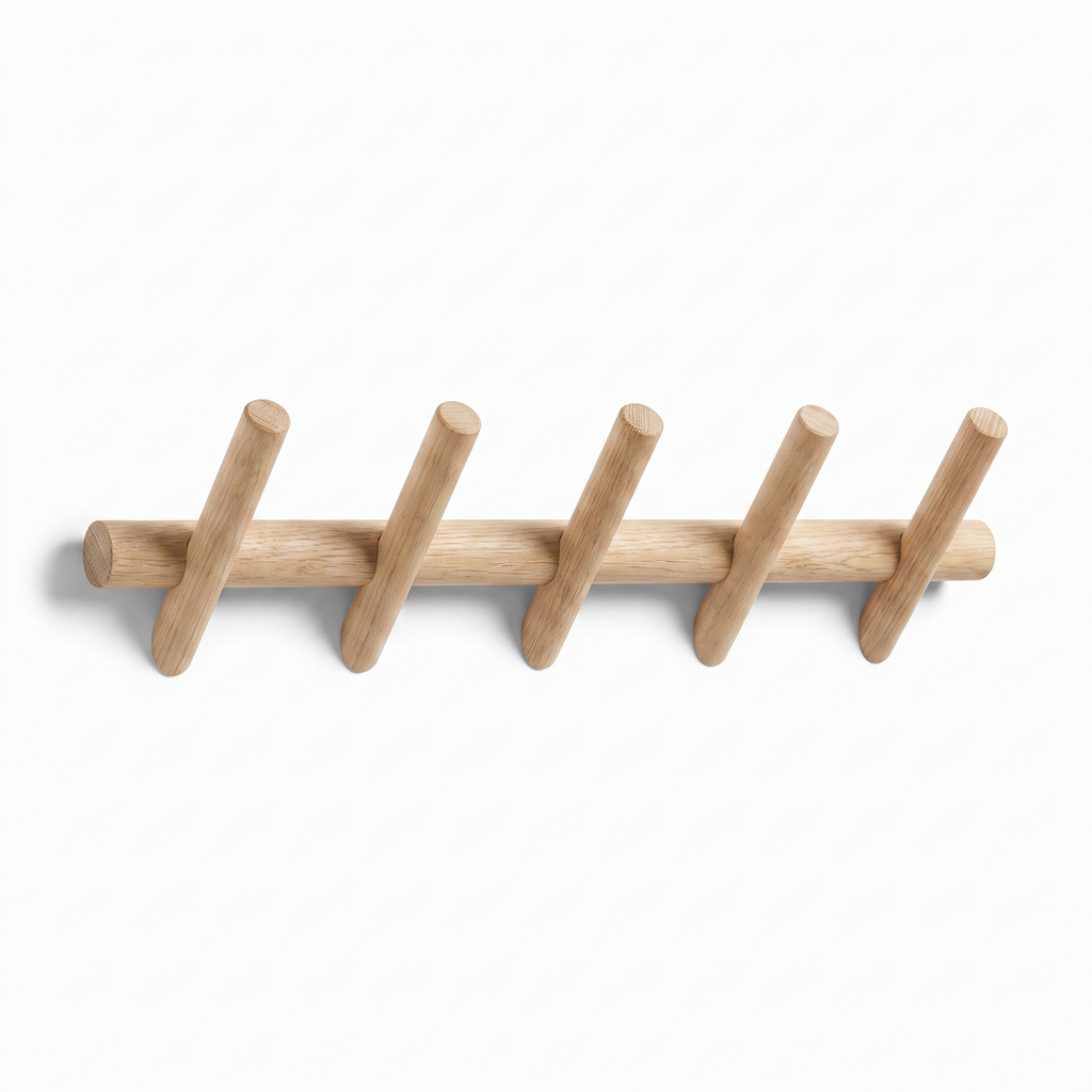 Solid oak wall rack with five pegs on a white background