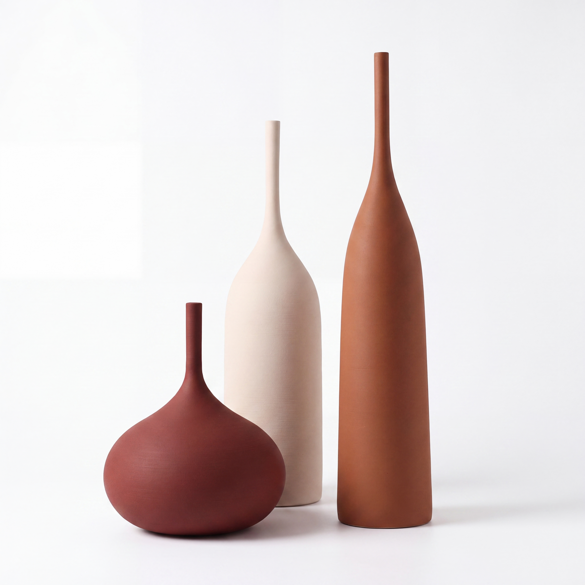 Trio of brushed ceramic vases in cream, rust and oxblood on a white background