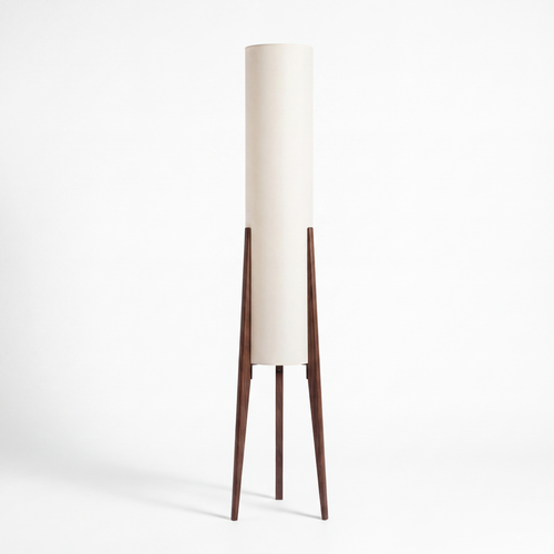 Wetherby wooden tripod floor lamp with ivory fabric column shade on a white background