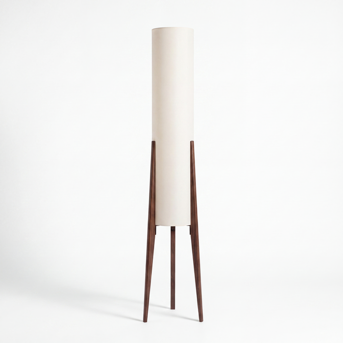 Wetherby wooden tripod floor lamp with ivory fabric column shade on a white background