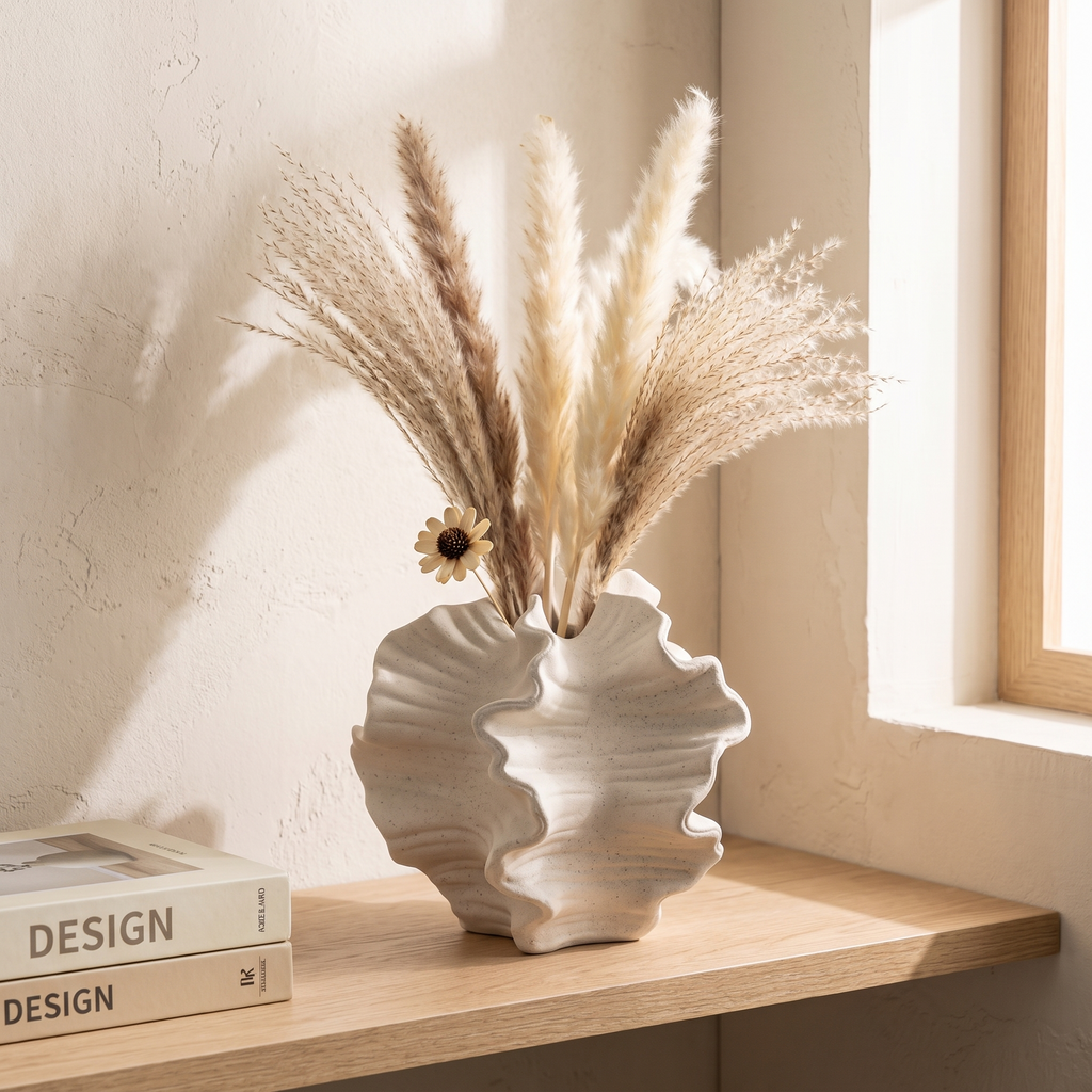 Cheltenham sculptural vase with pampas on an oak shelf