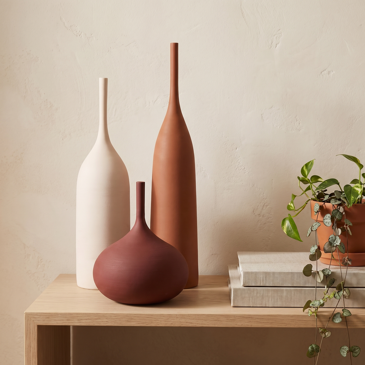 Farrow ceramic vase trio on an oak shelf with books