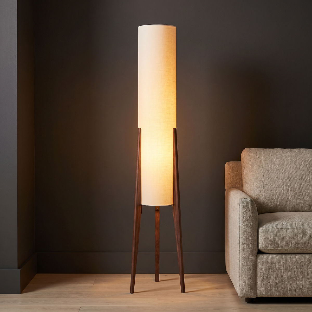 Wetherby floor lamp lit in a reading corner