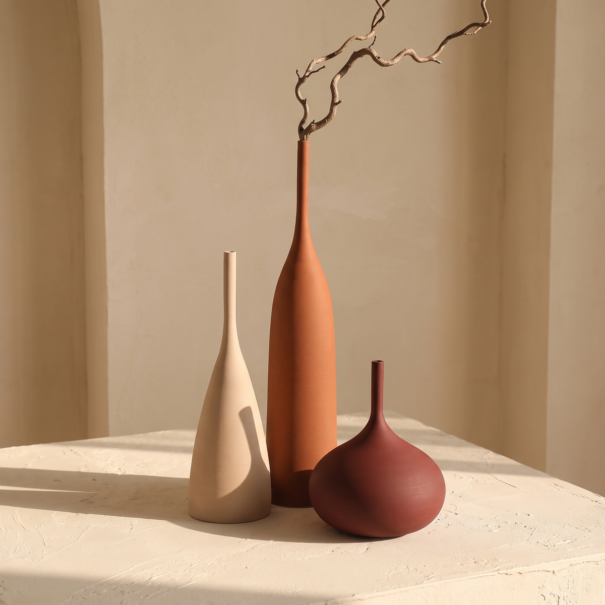 Farrow ceramic vase trio in morning light