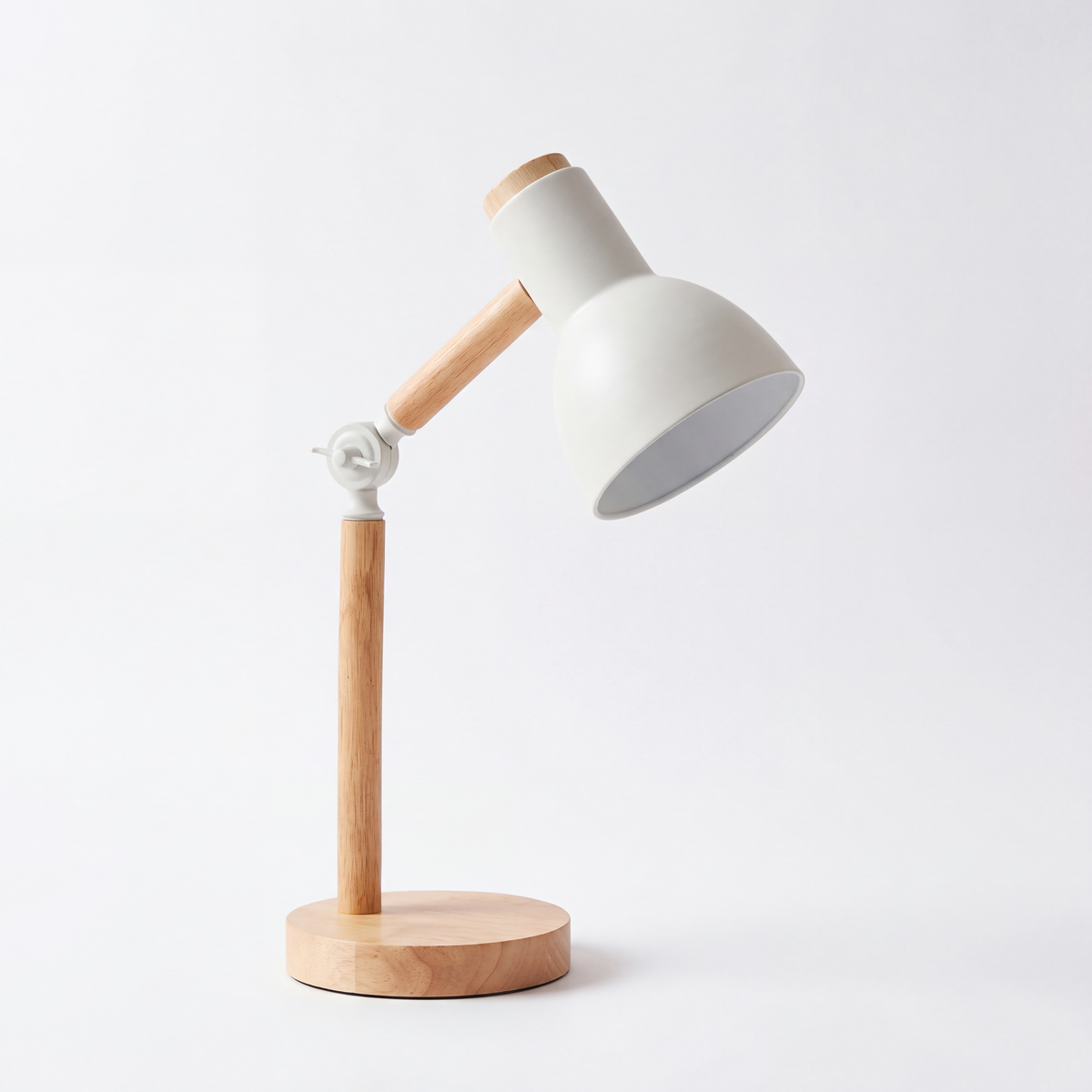 Scandinavian wooden desk lamp with tilting white metal shade, Elmsworth