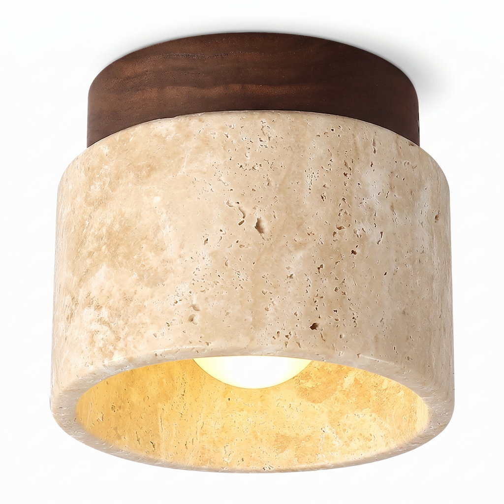 Travertine and wood flush ceiling light, Wroxham, log wood finish