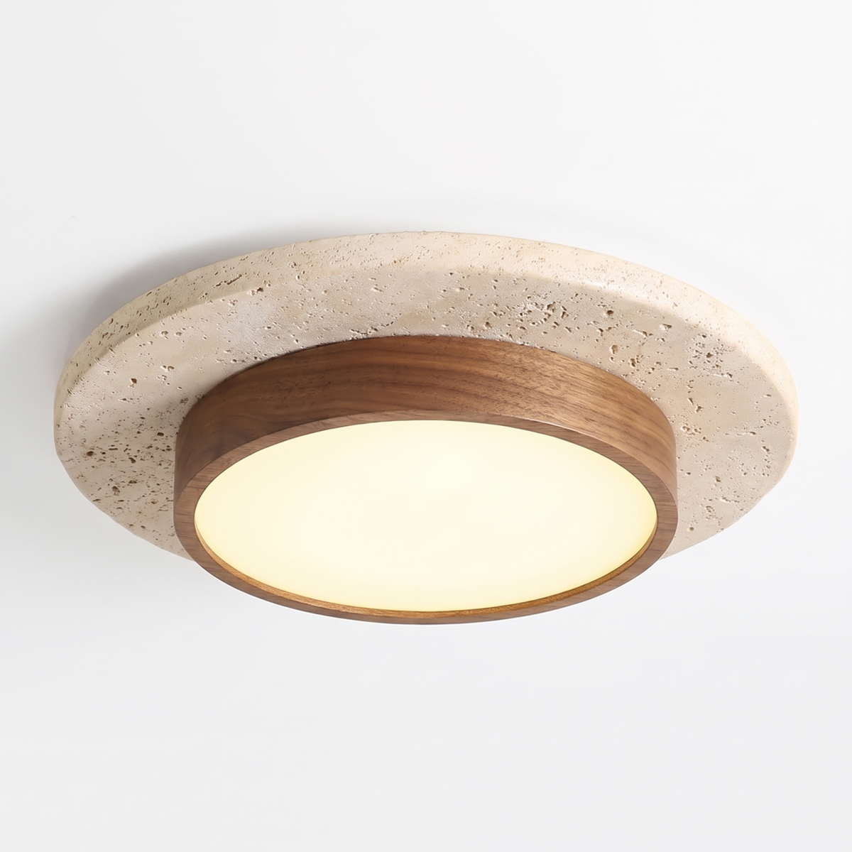 Travertine and walnut flush ceiling light, Tilbury