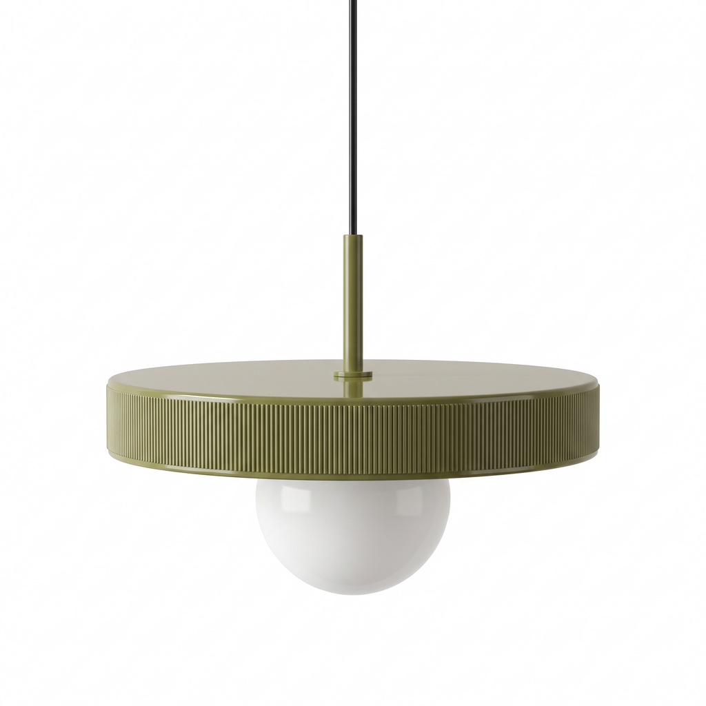 Bauhaus style olive metal disc and opal glass pendant light, Oakhampton