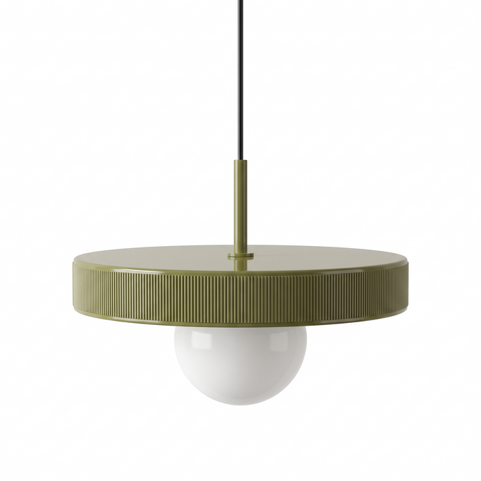 Bauhaus style olive metal disc and opal glass pendant light, Oakhampton