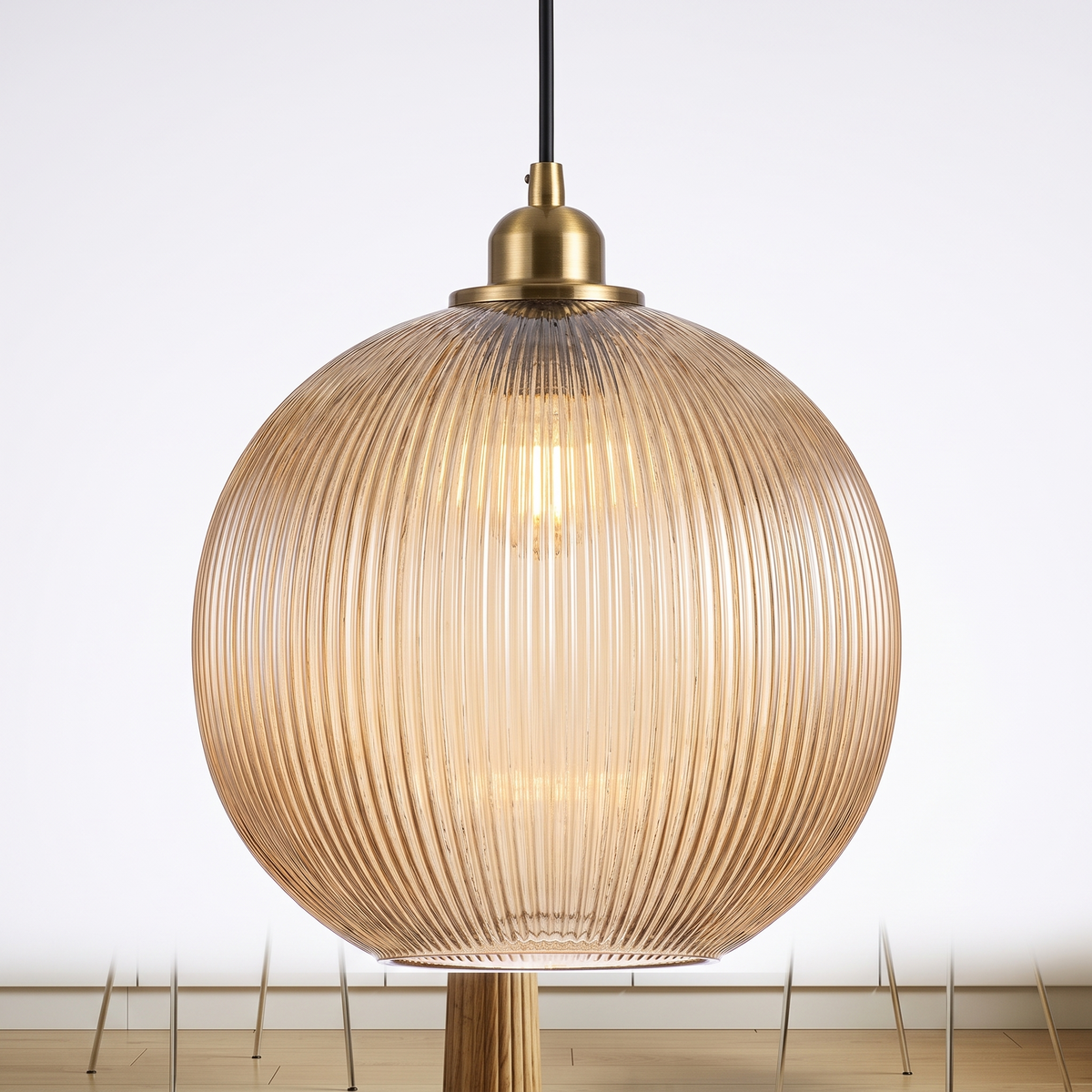 Ribbed amber glass pendant light, Quenby