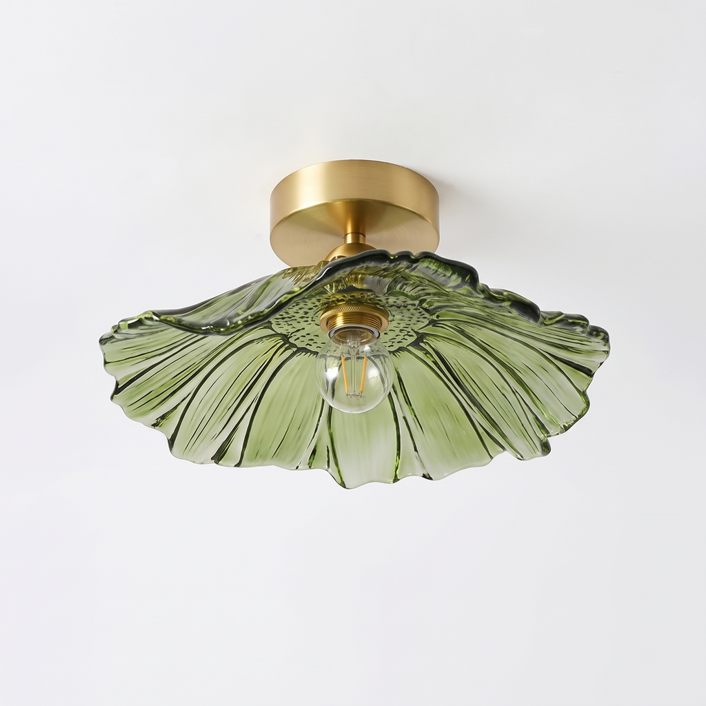 Green petal form glass ceiling light with brass fitting, Melford
