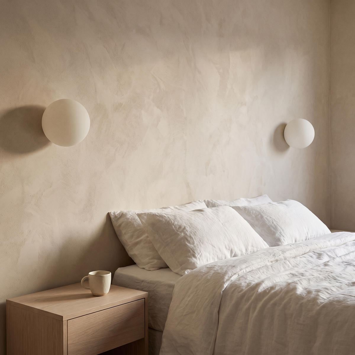 A pair of Kettlewell opal glass wall lights mounted either side of a bed