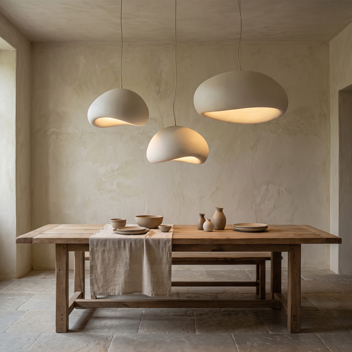 Three Rothwell sculpted pendants hung at staggered heights over a reclaimed oak table
