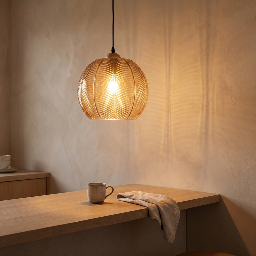 Quenby amber glass pendant lit above a breakfast bar, warm banded light on the wall