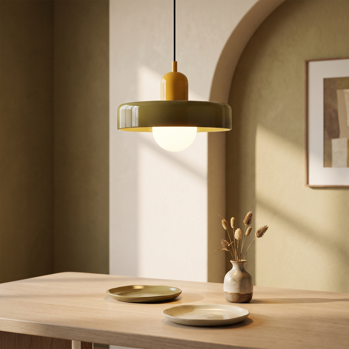 Oakhampton olive pendant lit above an oak dining table