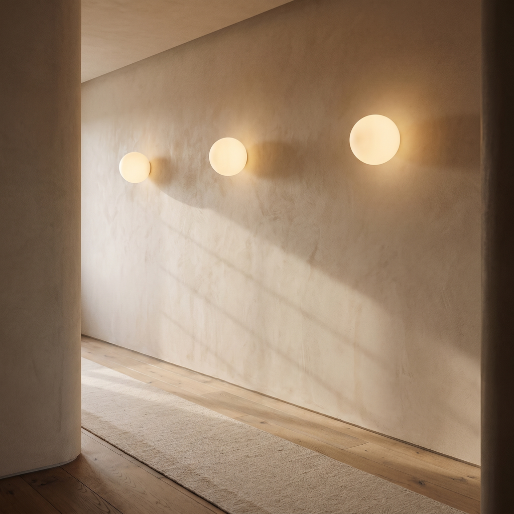 Three Arendal opal glass dome wall lights along a plastered landing