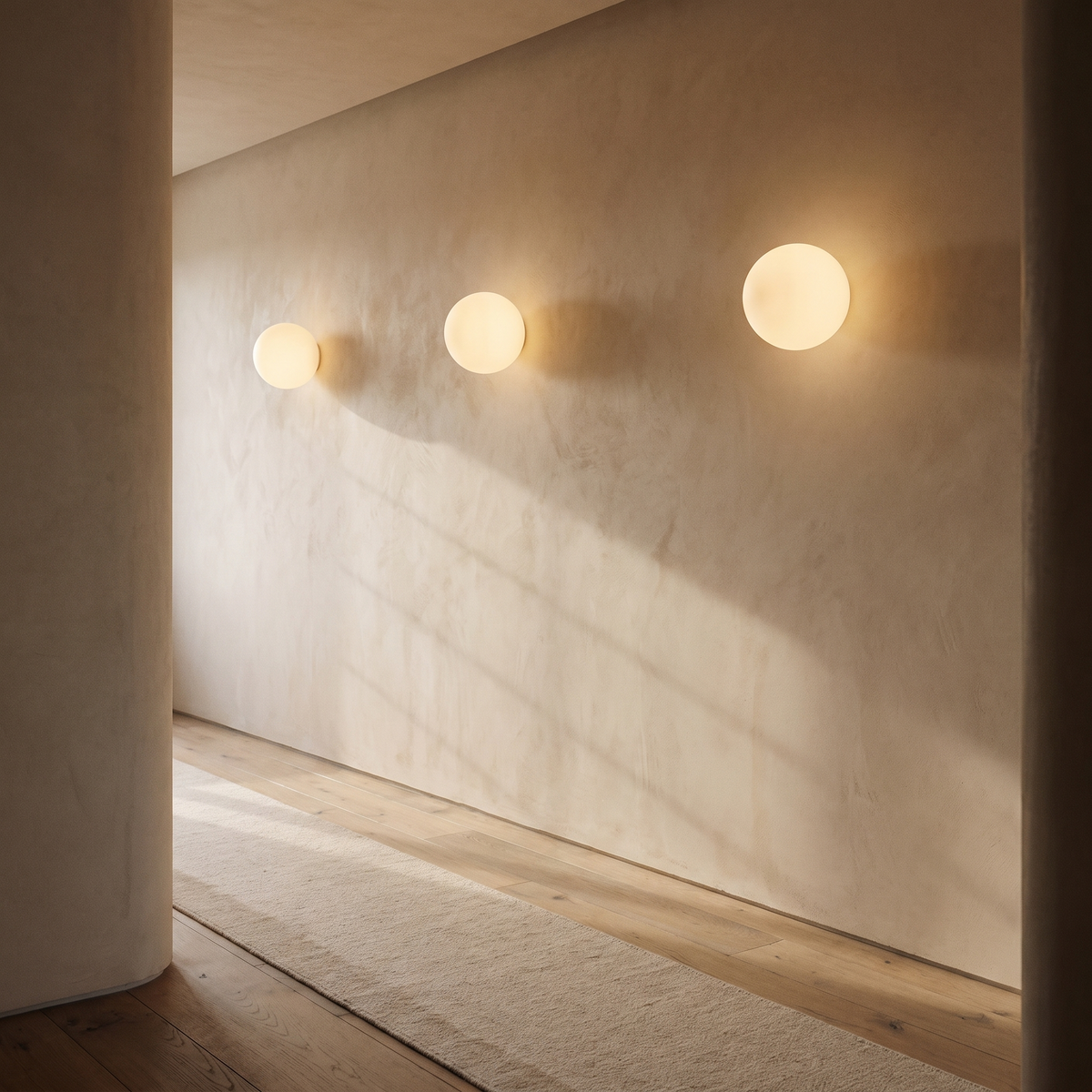 Three Kettlewell opal glass dome wall lights along a plastered landing