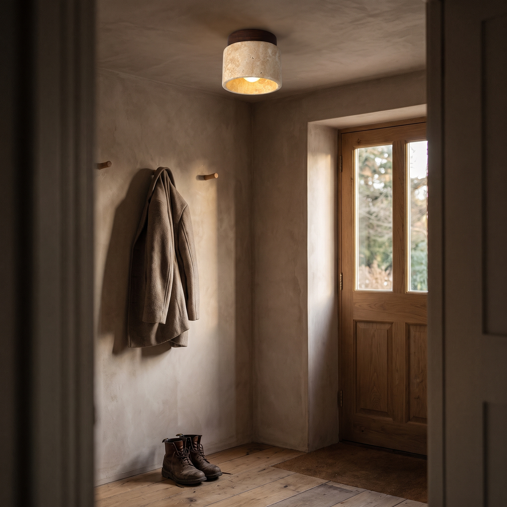 Wroxham travertine and wood ceiling light in a plastered entrance hall