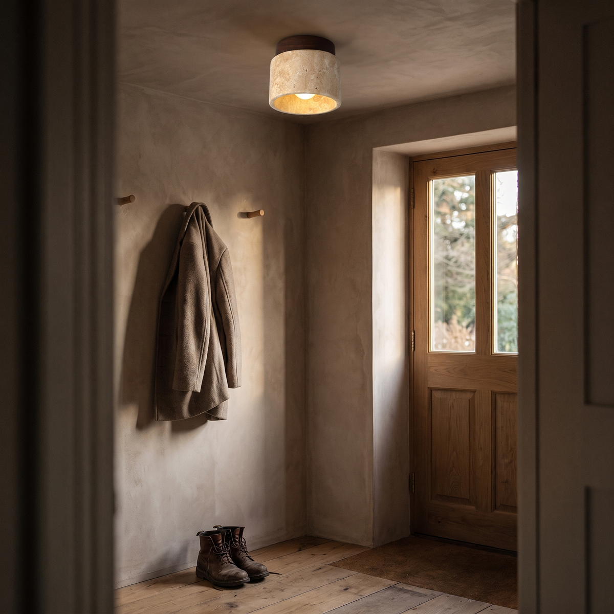 Wroxham travertine and wood ceiling light in a plastered entrance hall
