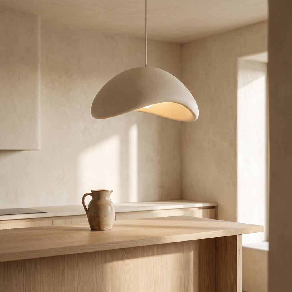 Rothwell sculpted cream dome pendant light above a pale oak kitchen island