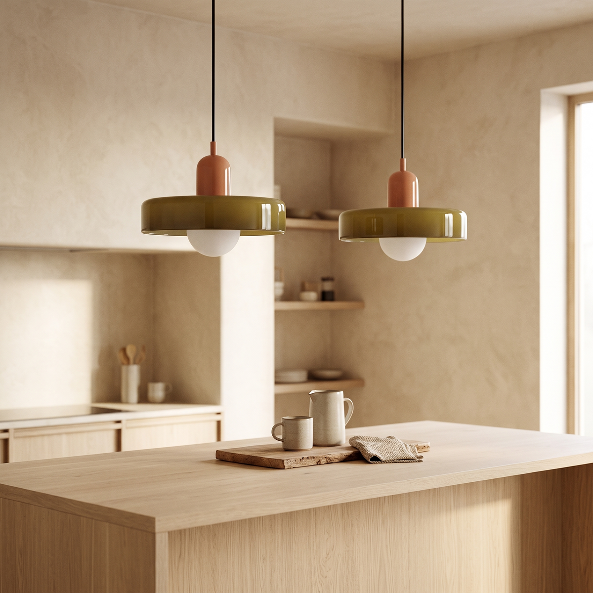 Pair of Oakhampton olive glass pendant lights over a pale oak kitchen island