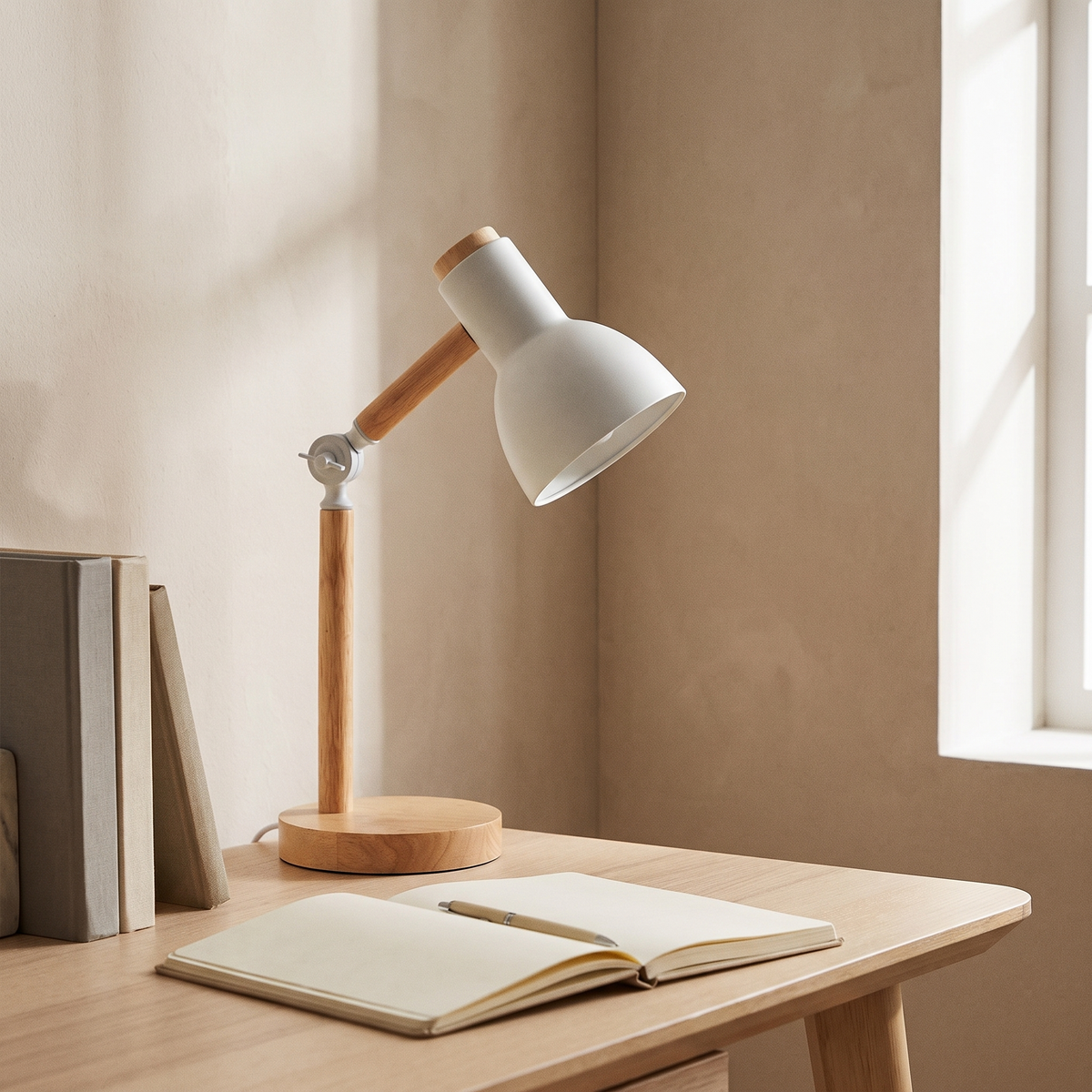 Elmsworth white and wood desk lamp on an oak study desk beside an open notebook