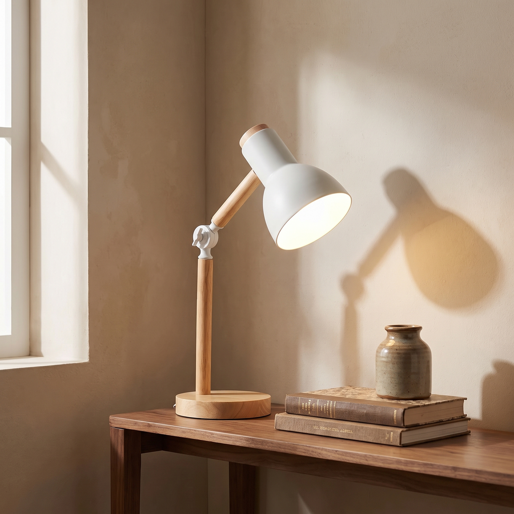 Elmsworth white and wood desk lamp on a walnut hallway console table