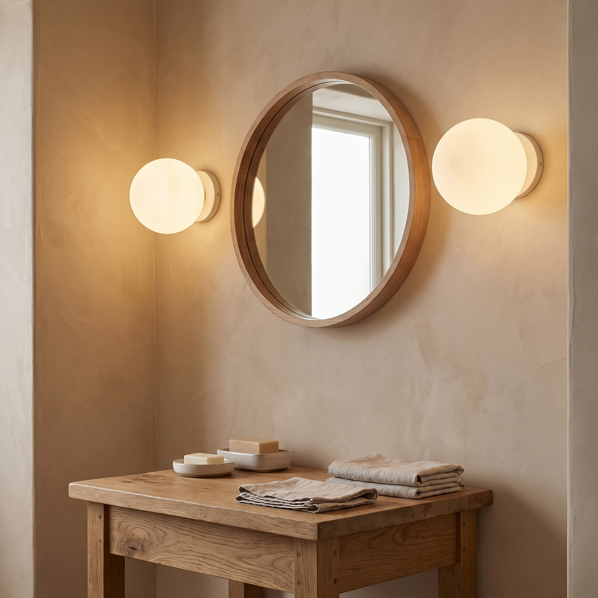 Pair of Kettlewell opal glass dome wall lights either side of a round oak mirror