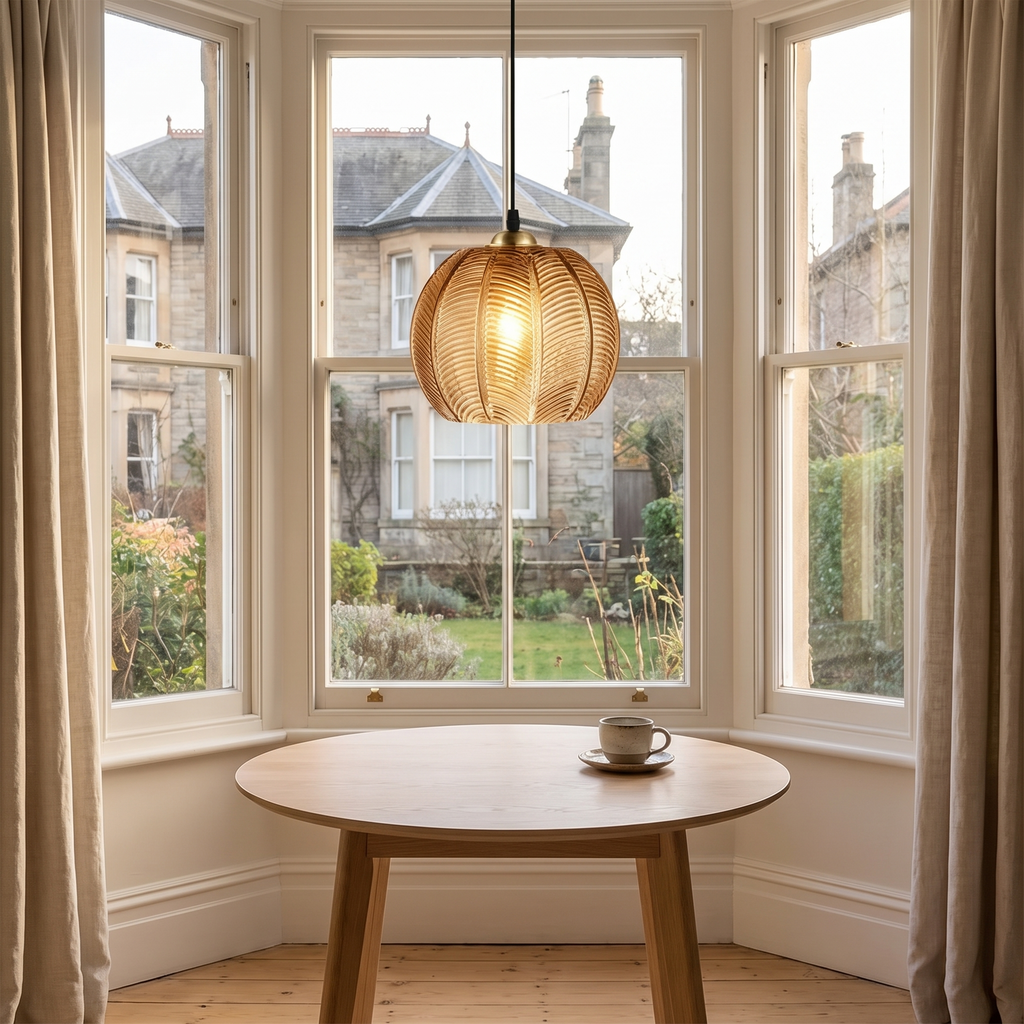 Quenby ribbed amber glass pendant light above a round oak table in a bay window