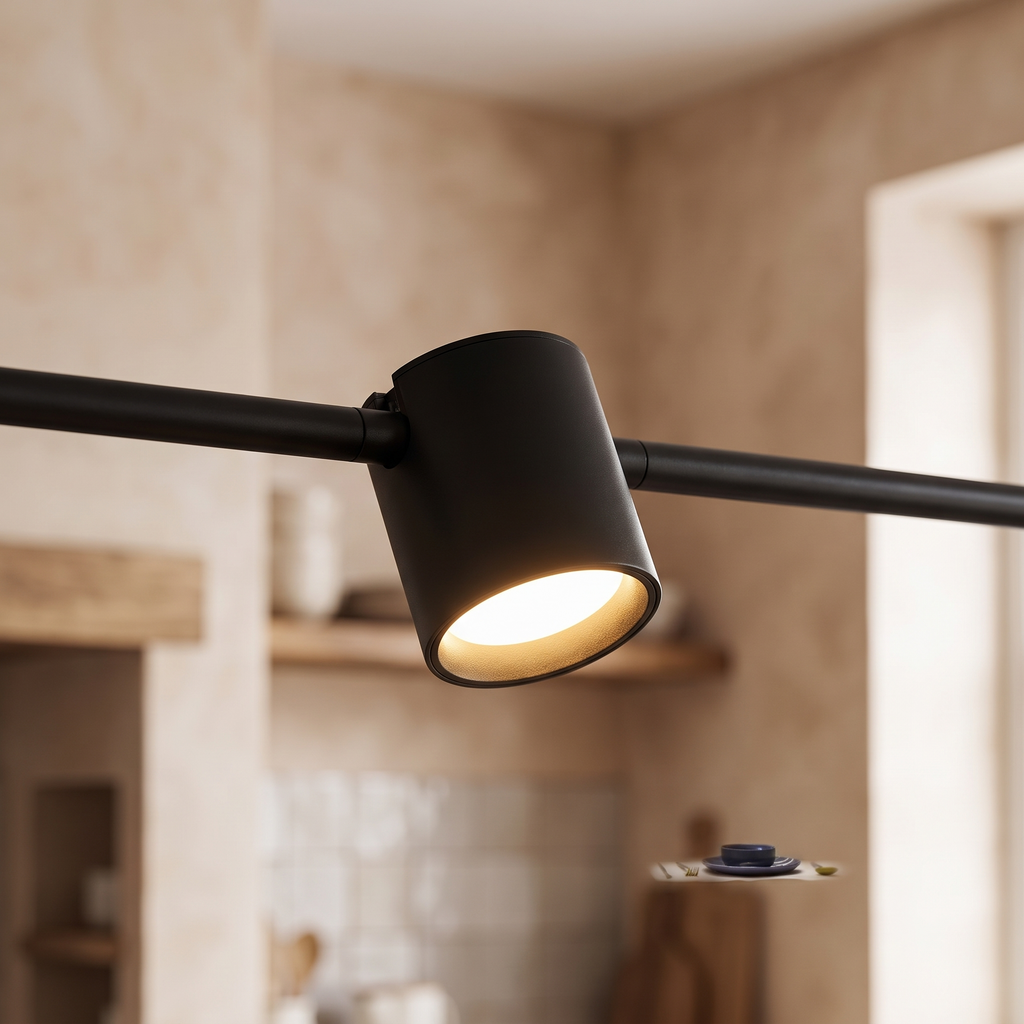 Close detail of a Langford matte black cylindrical spot head on its slim bar