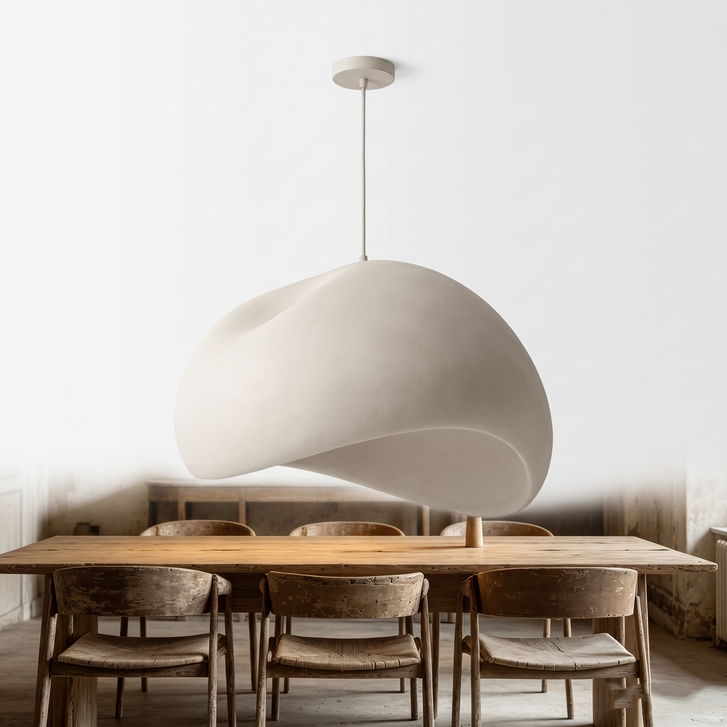 Rothwell sculpted cream dome pendant light above a reclaimed dining table