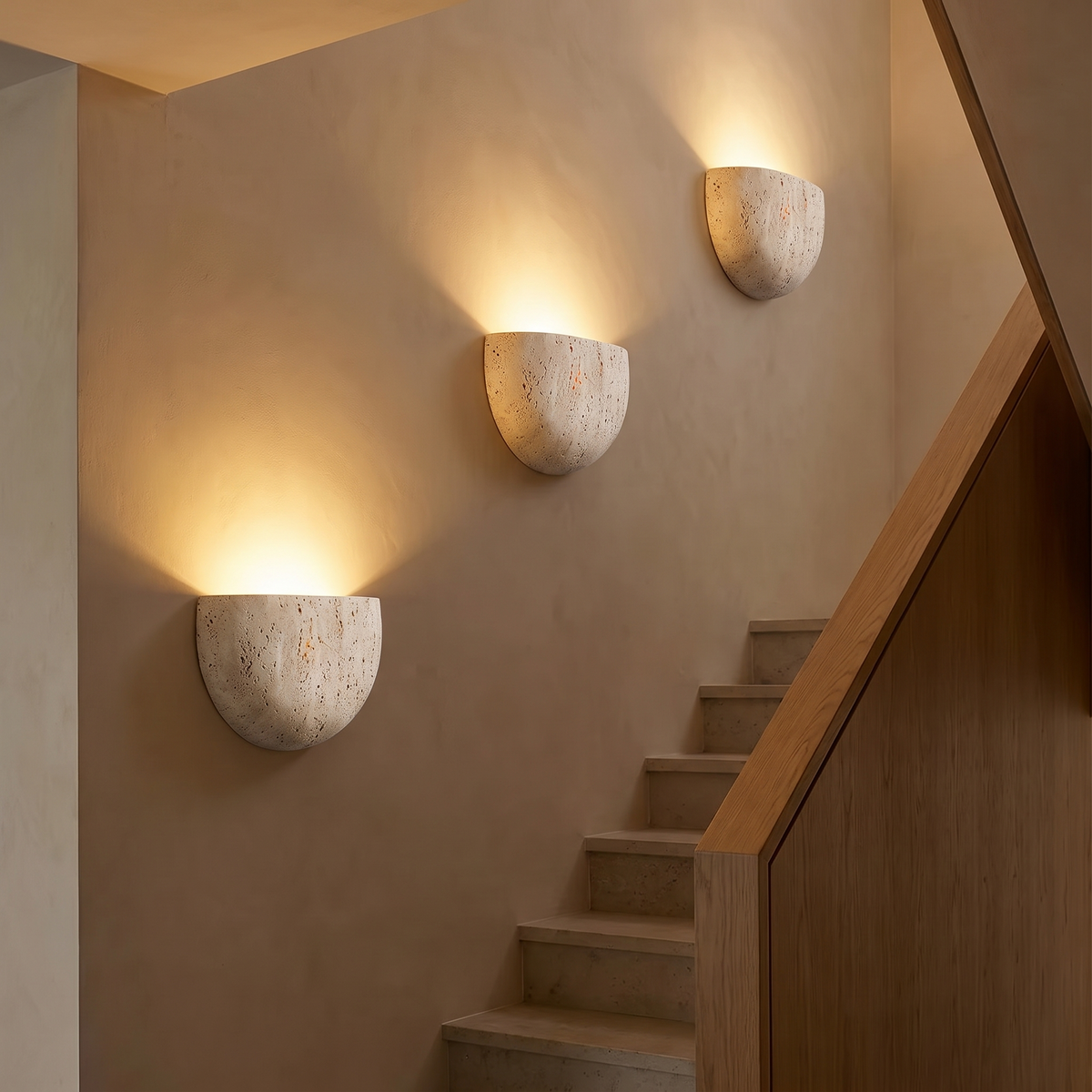 Inglecote travertine wall lights mounted along a staircase wall