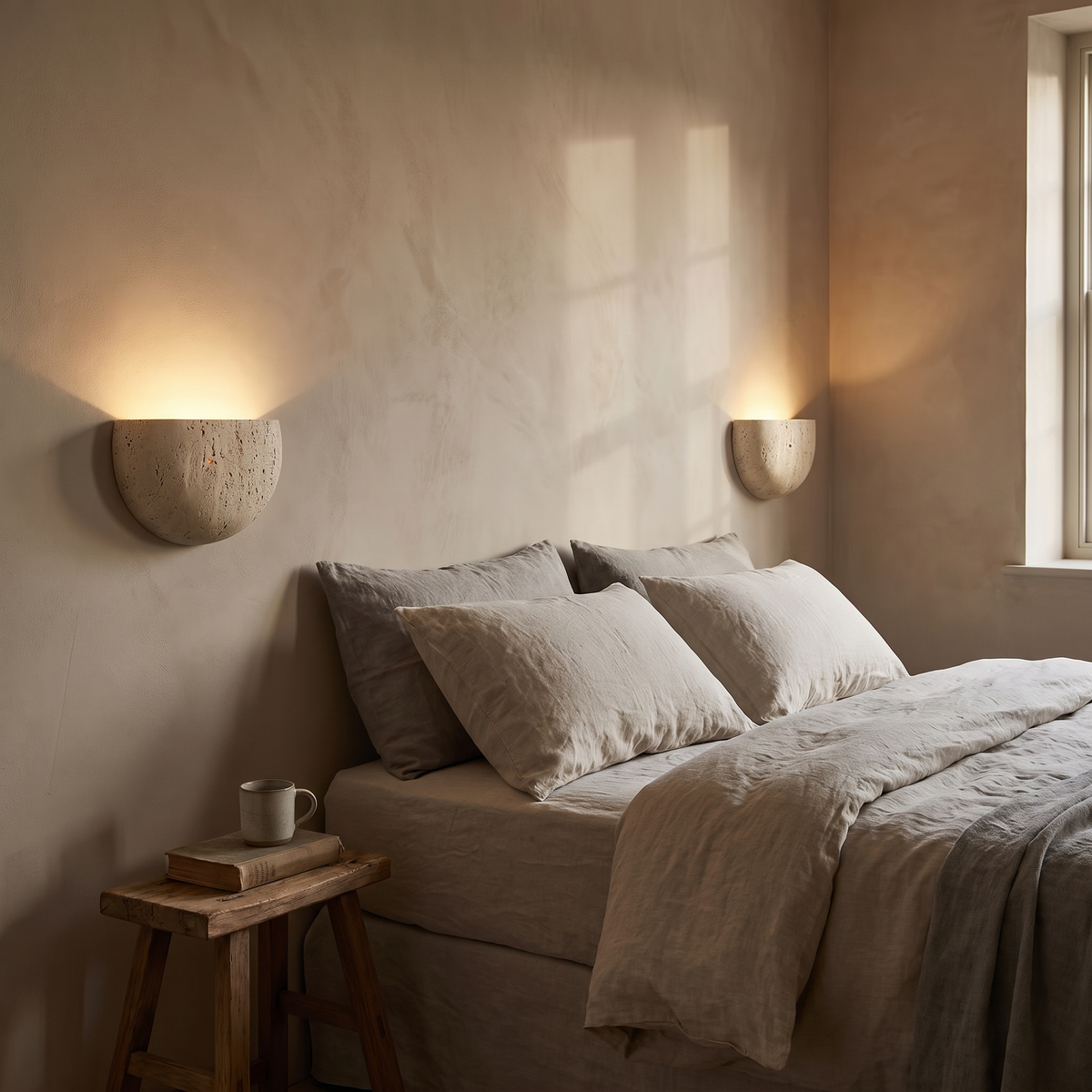 Pair of Inglecote travertine wall lights either side of a linen dressed bed