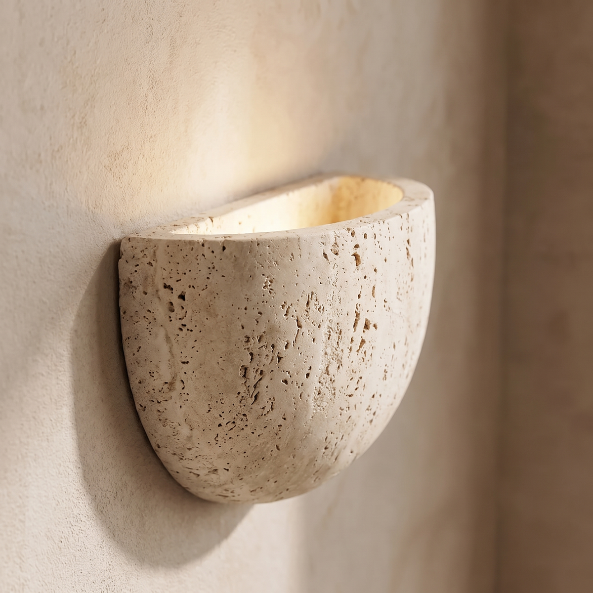 Close detail of the Inglecote travertine wall light showing the open stone pores