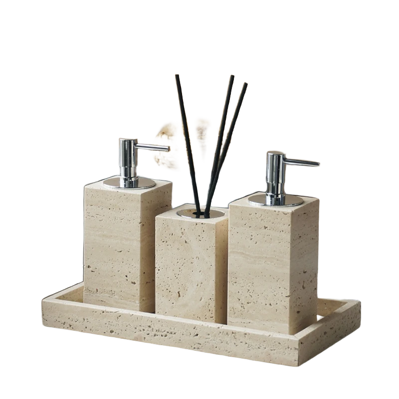 Malvern travertine bathroom pieces on white