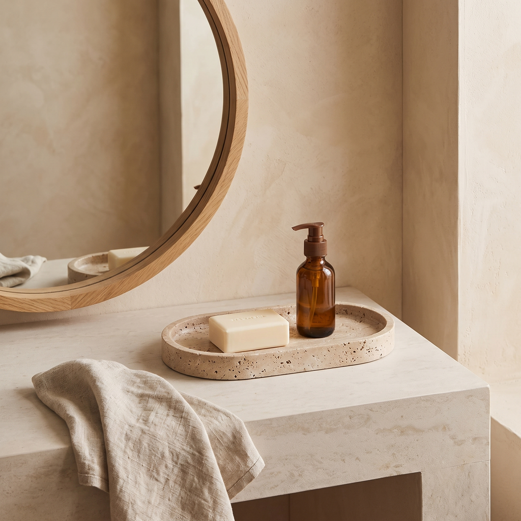 Ashby travertine tray beside a bathroom basin