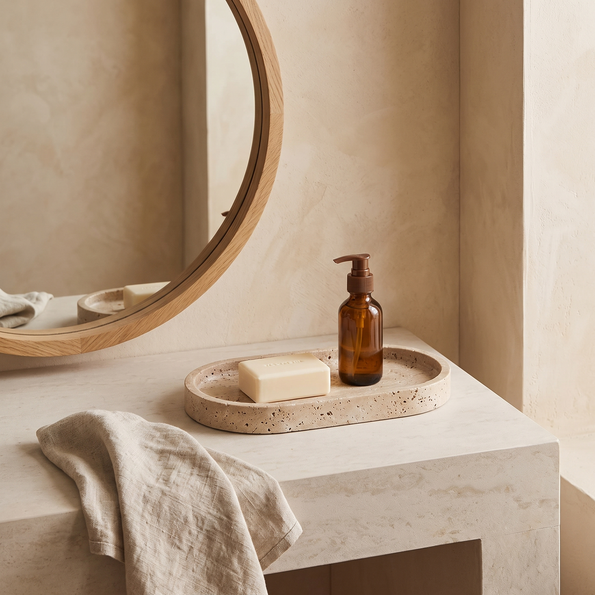 Ashby travertine tray beside a bathroom basin